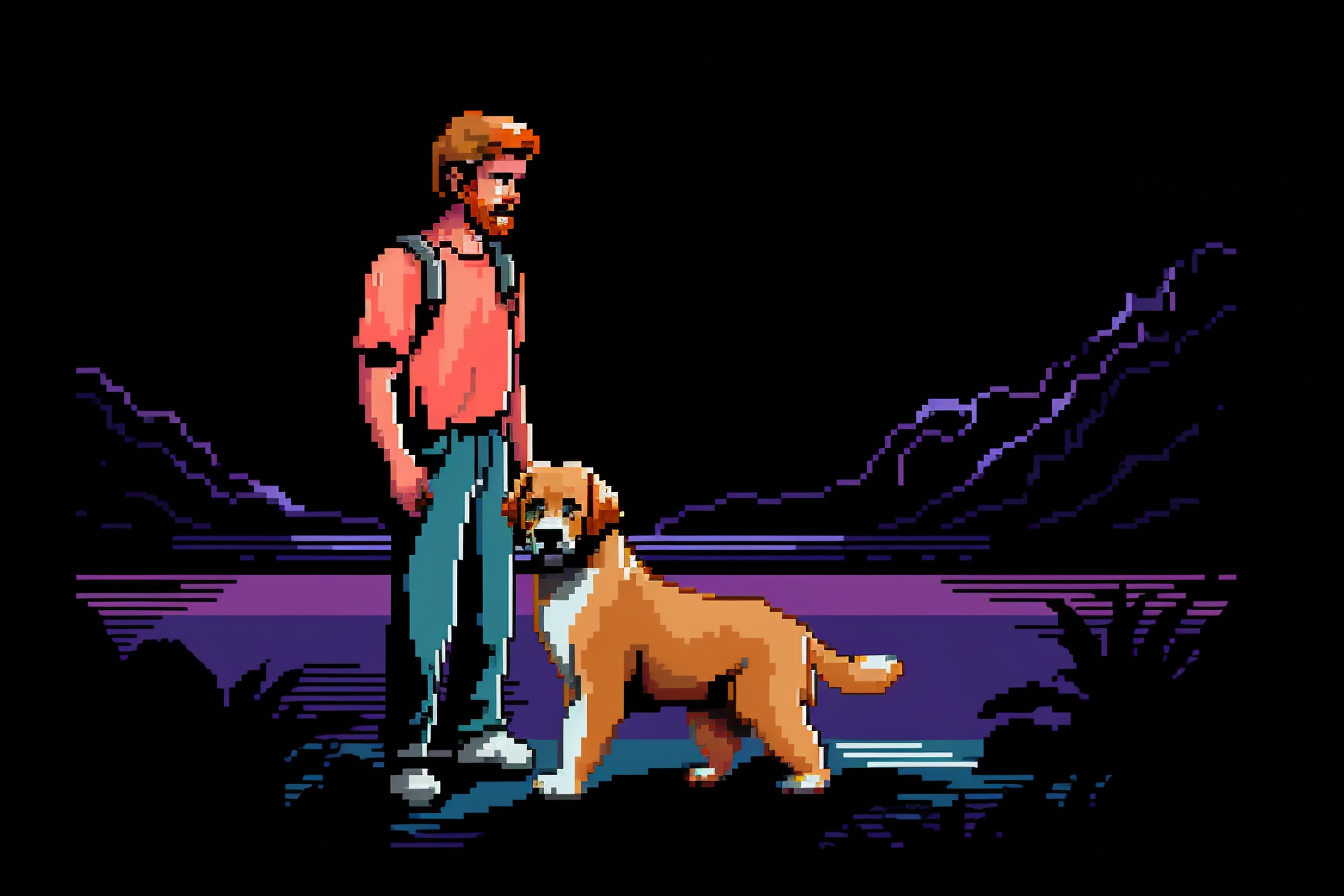 Blonde man with beagle in pixel art