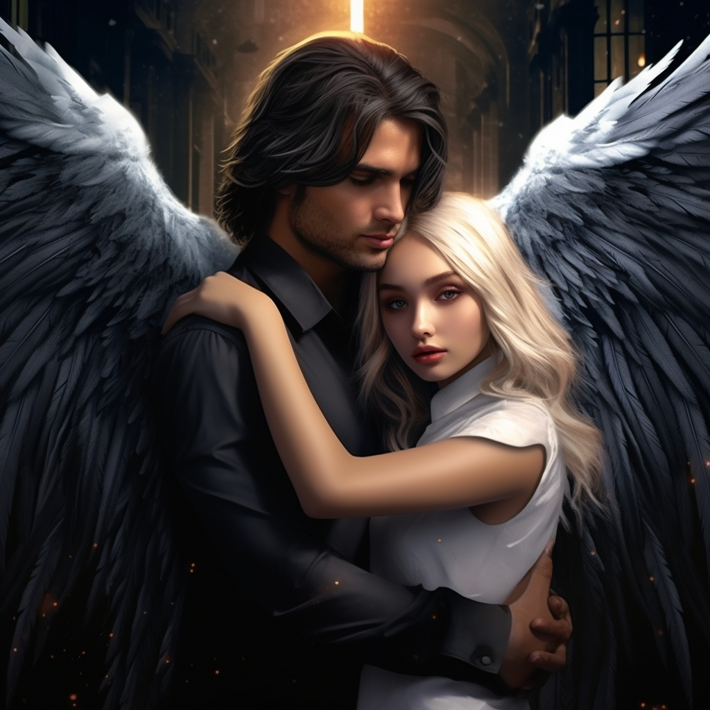 Blonde man embraces fantasy woman with wings