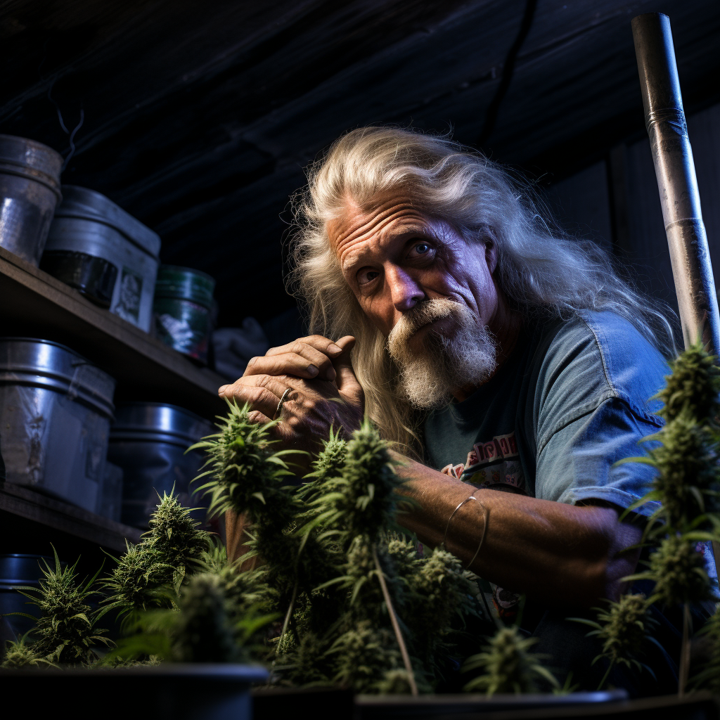 Blonde man growing marijuana plant