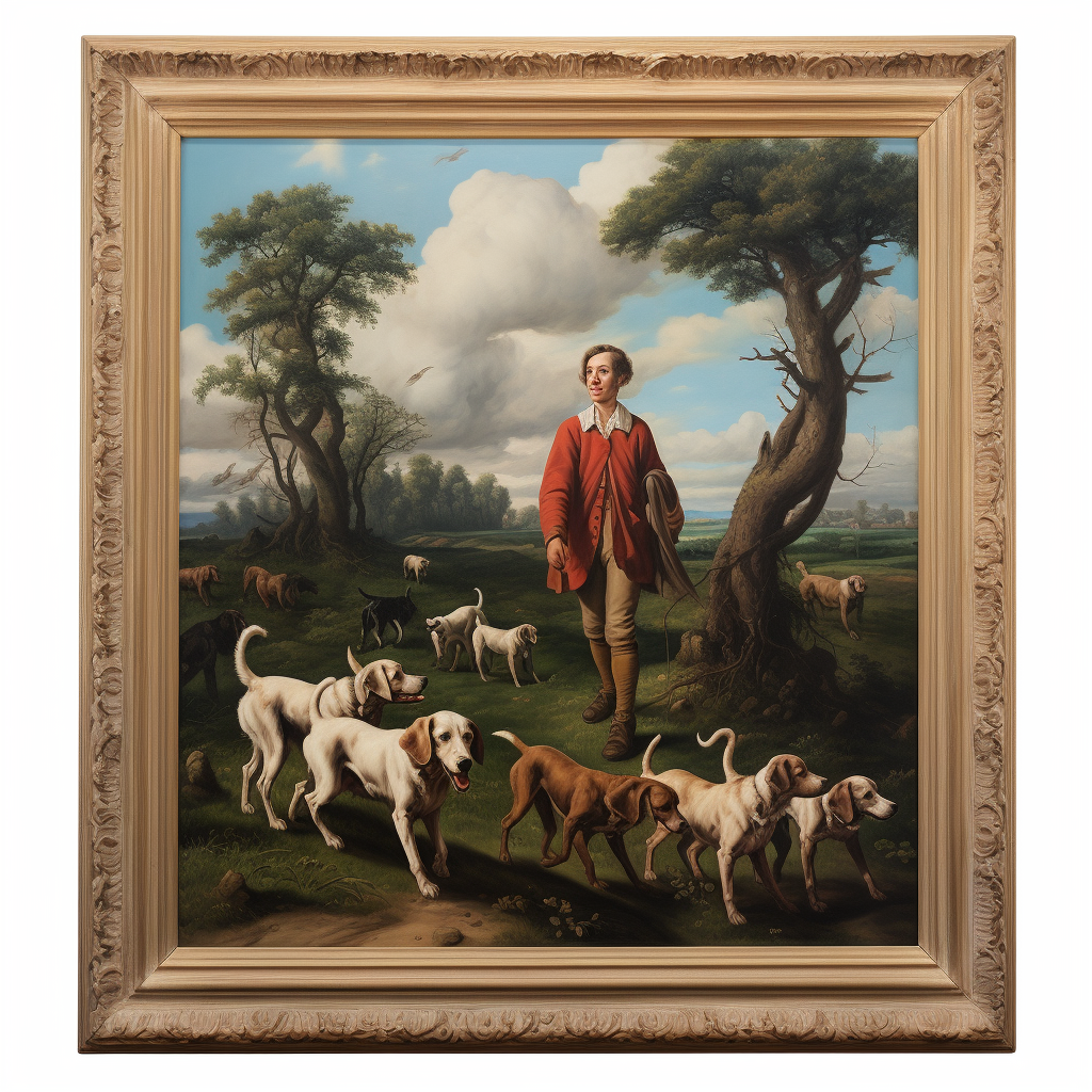 Young blonde man walking dogs in overgrown pasture