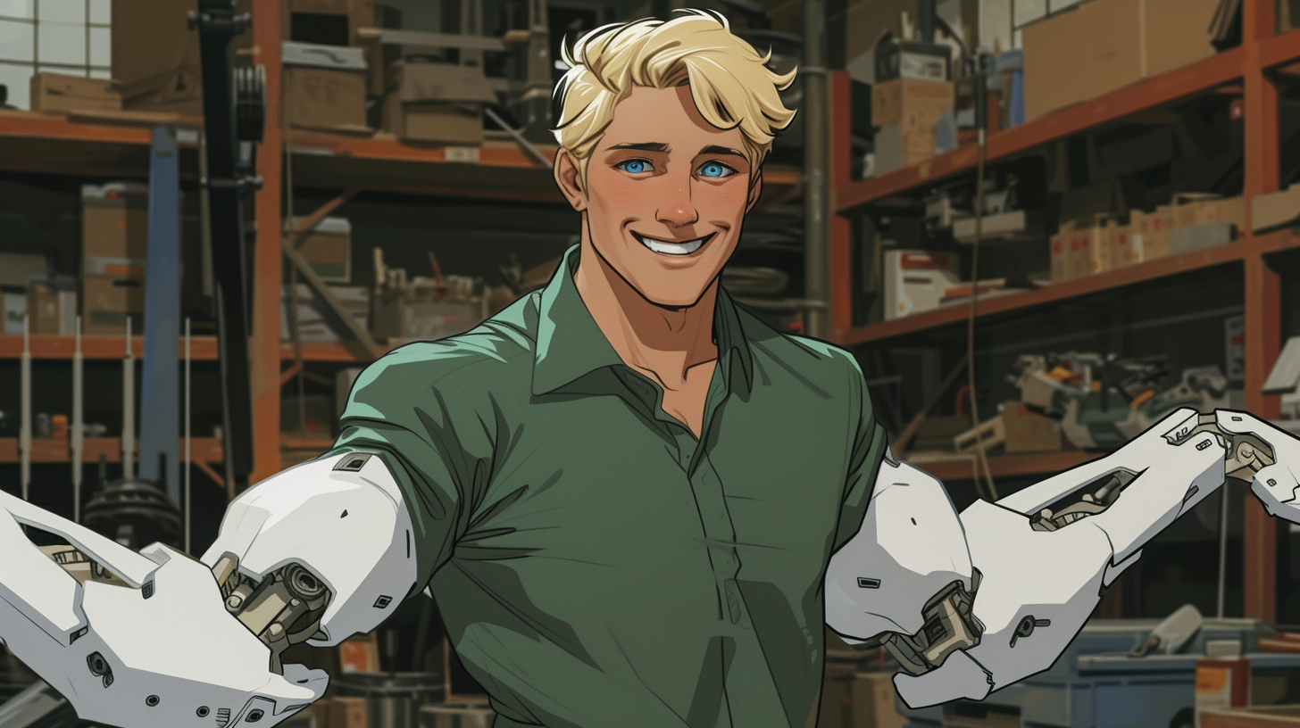 Blonde man with white cybernetic arms in workshop