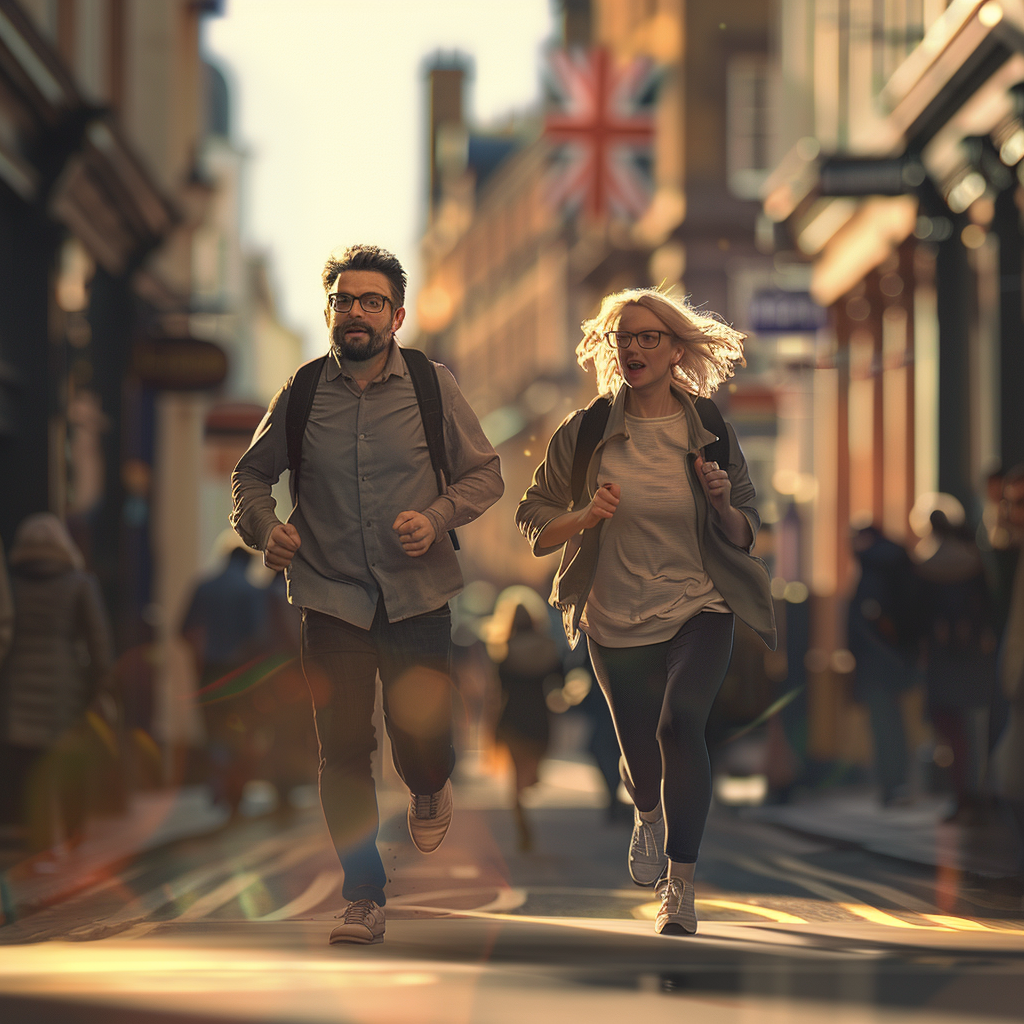 Couple running UK street