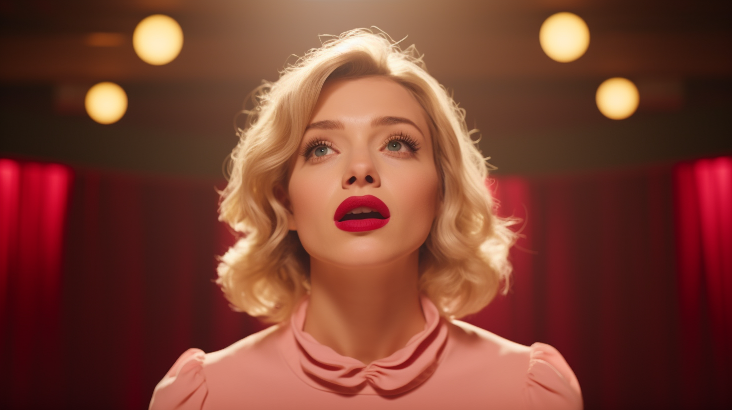 Blonde opera singer singing in Wes Anderson style