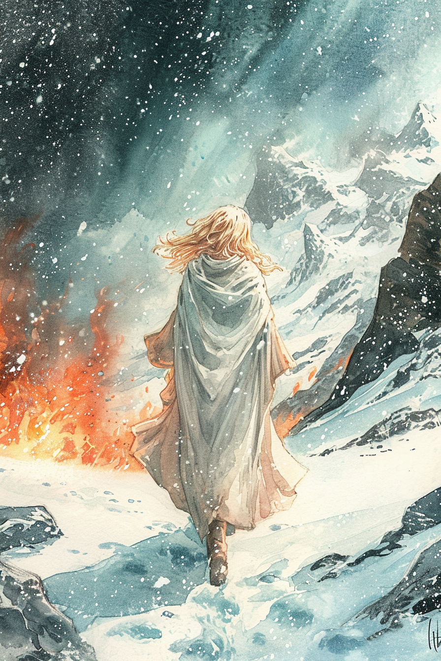 Blonde priestess walking away from blizzard in fire-wreathed robes