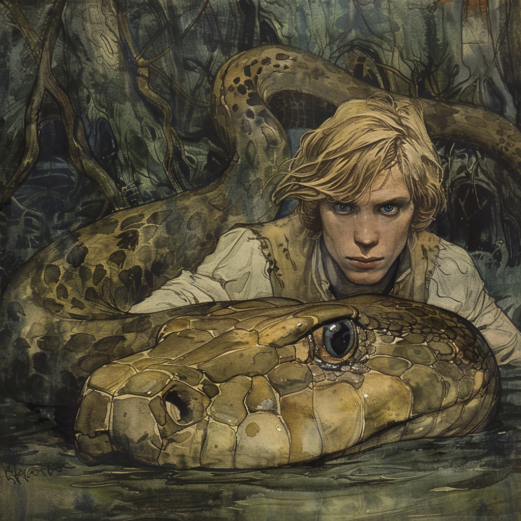 blonde prince on giant snake (max 6 words)