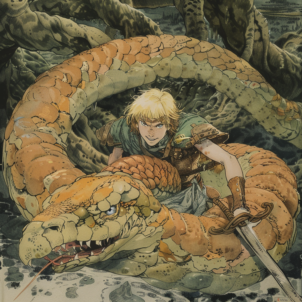 Blonde Prince Riding Giant Snake Art