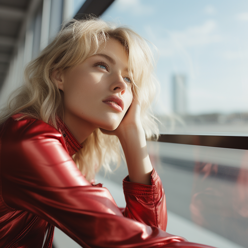 Natural-looking blonde influencer at airport window