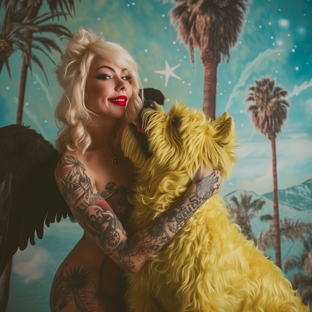 Blonde tattoo woman with monster pet in Palm Springs