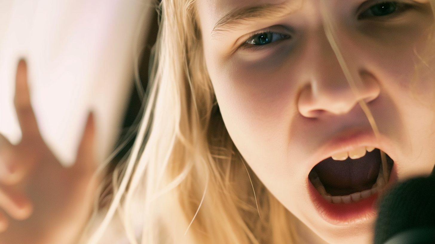 Blonde teen girl singing and shouting in choir selfie