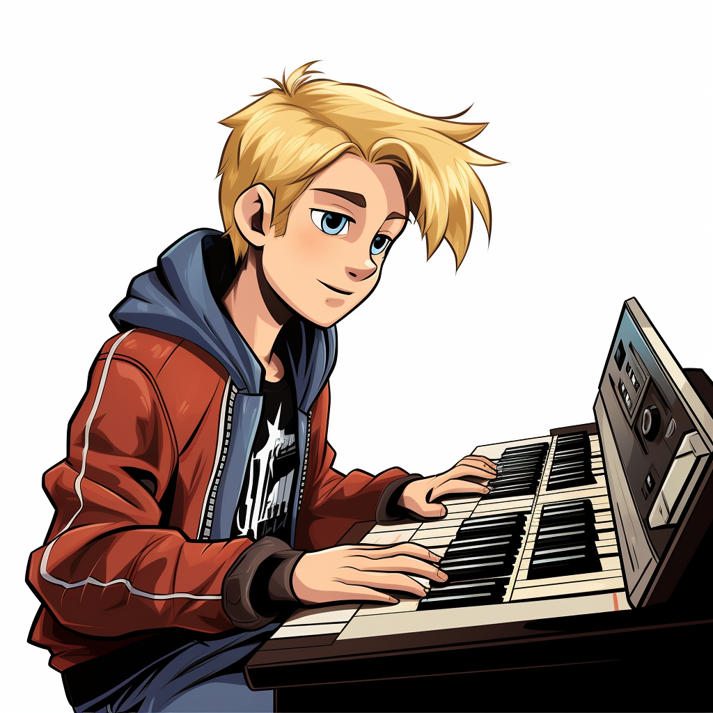 Blonde teenage boy playing music keyboard