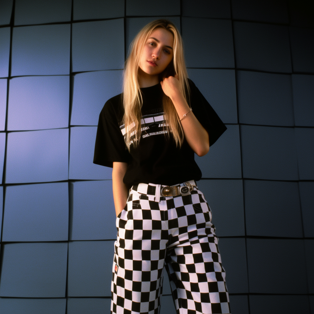 Fashionable blonde woman in black t-shirt and jeans