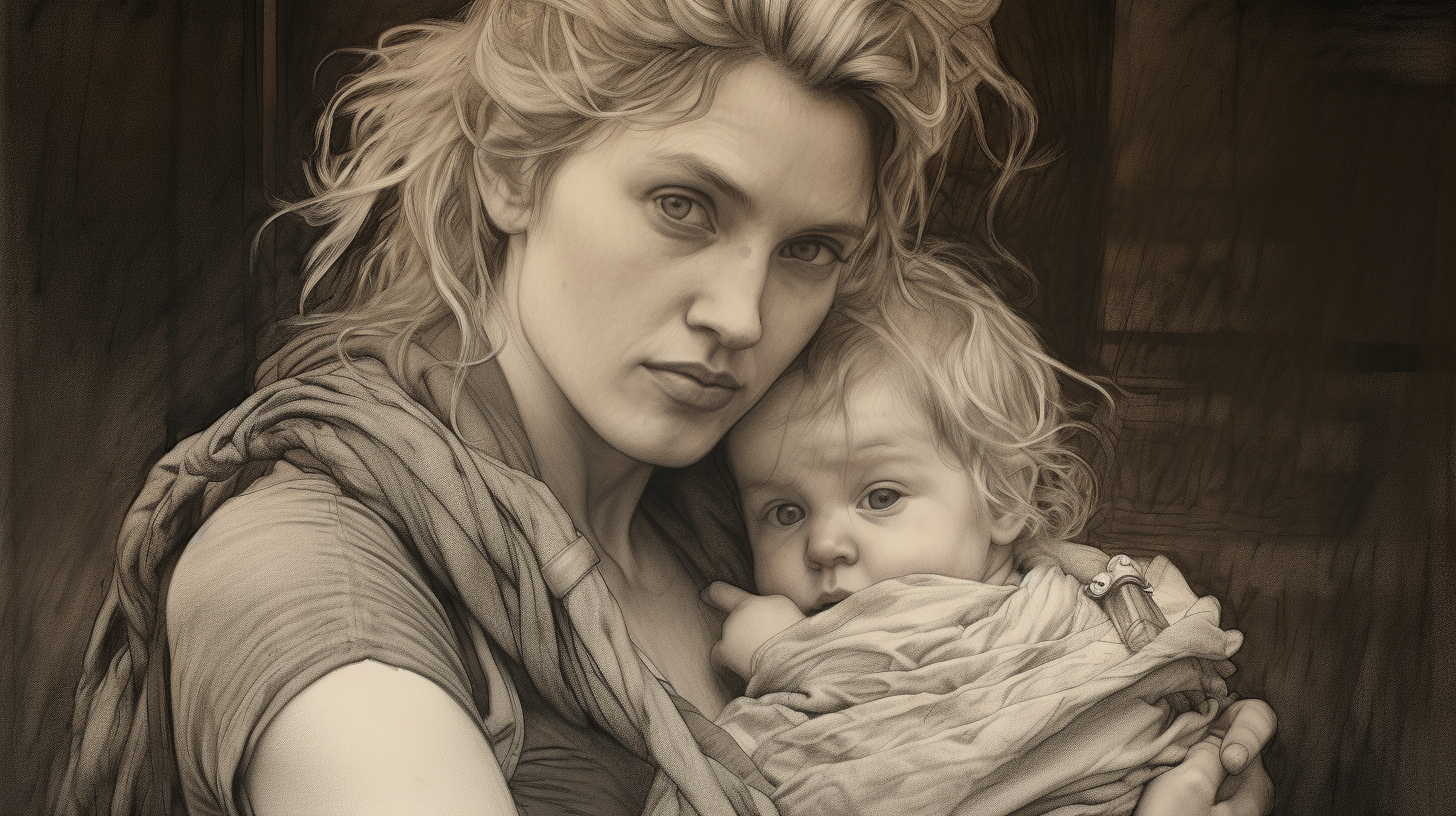 Charcoal drawing of blonde woman with baby