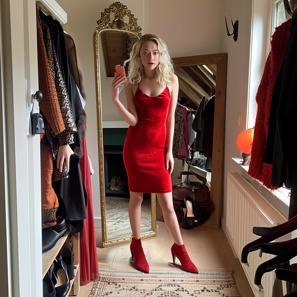 Blonde woman wearing red dress and heels for Christmas