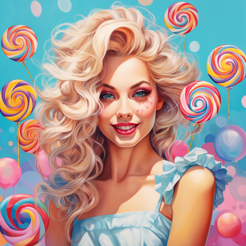 Smiling blonde woman with lollipops in hair