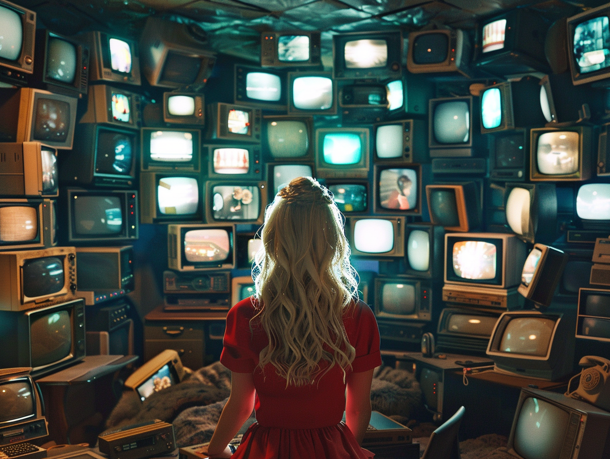 Blonde woman surrounded by devices