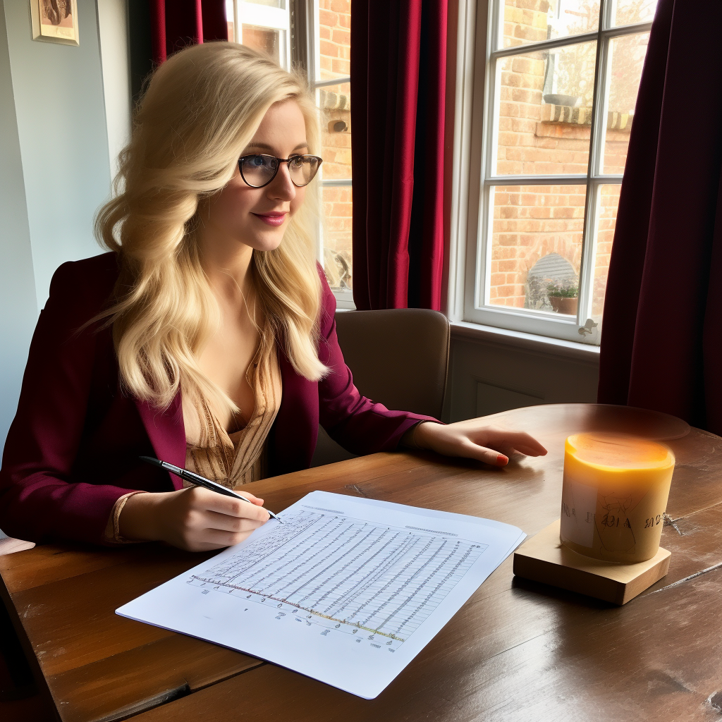 Blonde woman studying statistics while enjoying Harry Potter book