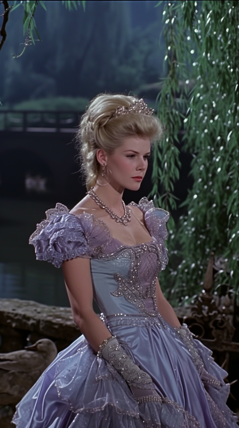 Blonde woman in 80s fantasy ballgown by lake and bridge