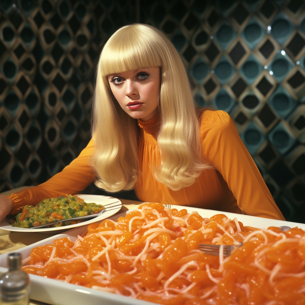 Blonde woman with fringe tripping on LSD at 70s dinner party with surreal hotdog elephants, sausage retro jello salad, and 50s food