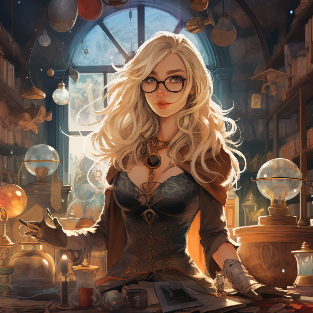 Blonde woman exploring a magical shop with her cats