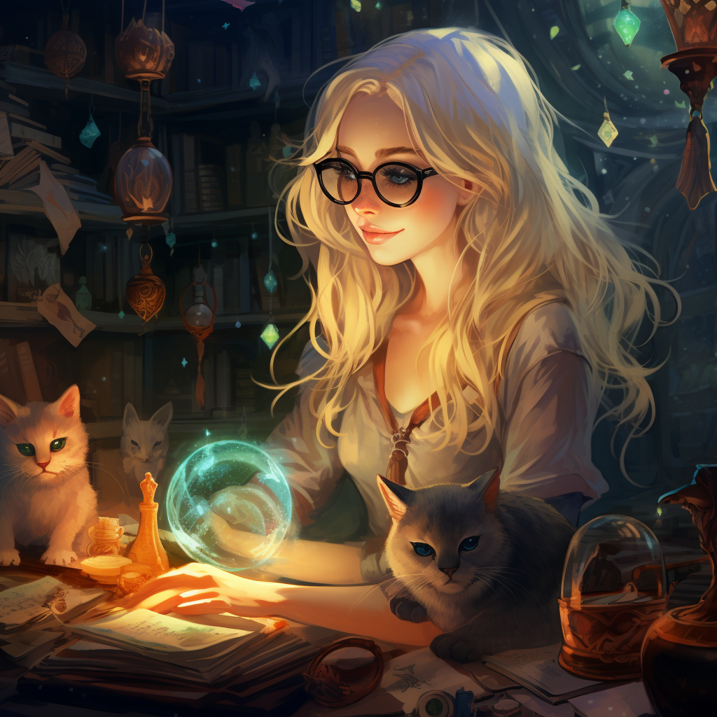 Blonde woman with glasses in a magic shop