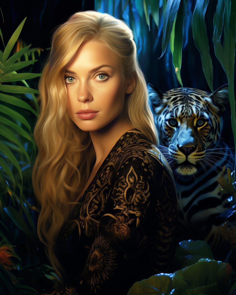 Blonde woman in jungle with jaguar