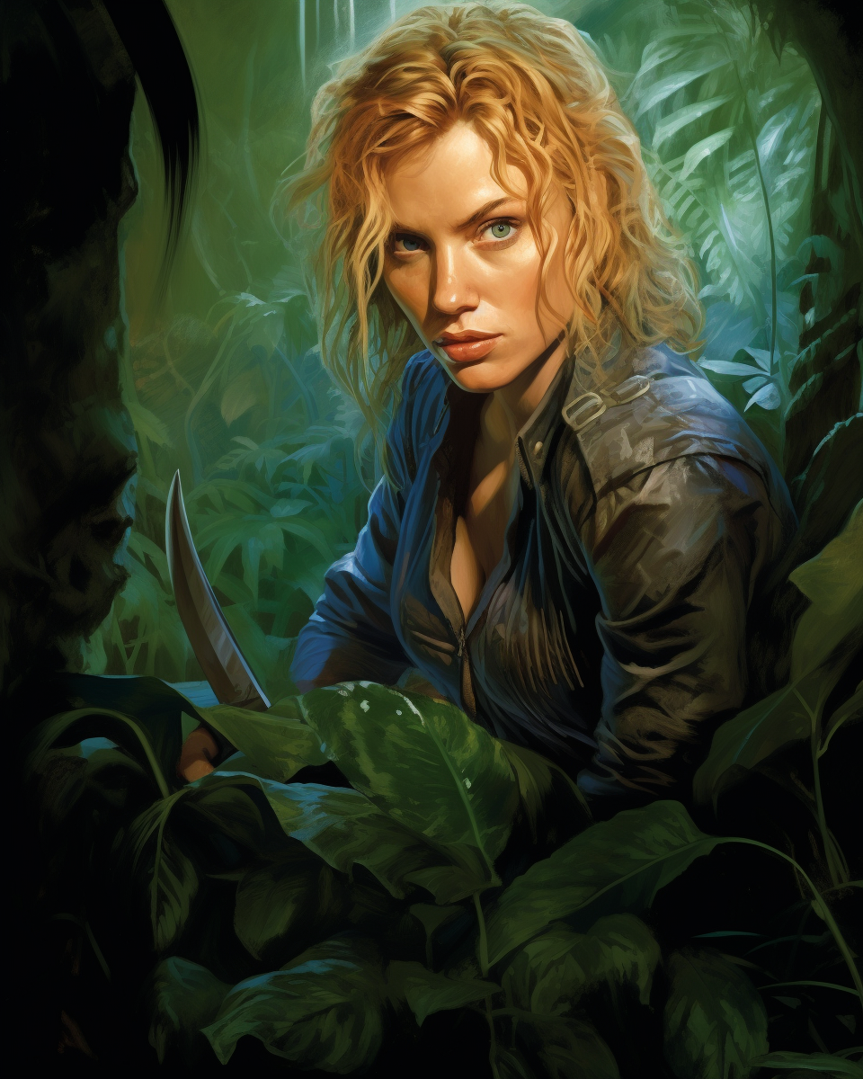 Blonde woman in dark jungle holding weapon