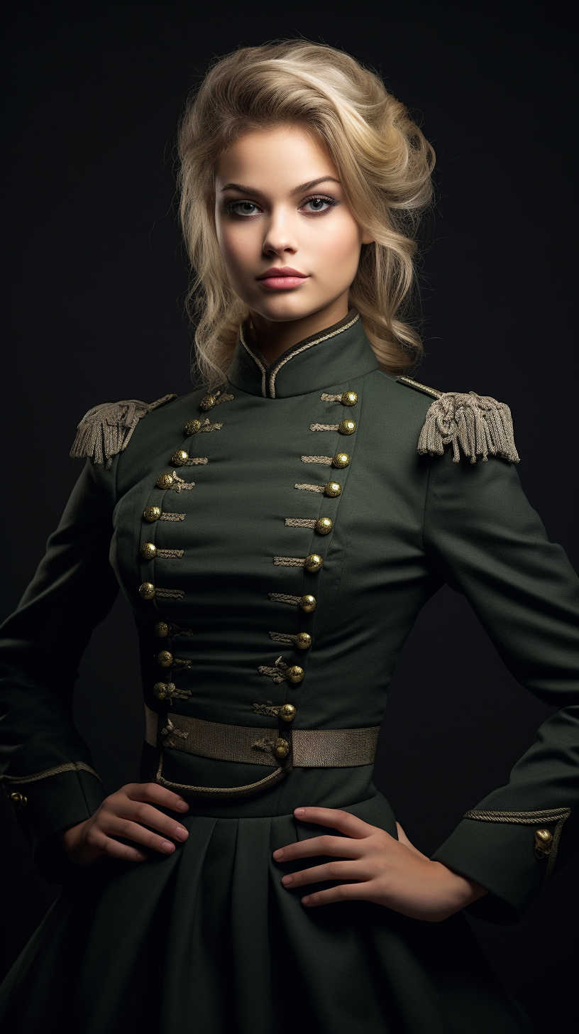 Blonde woman in lace aristocracy military uniform