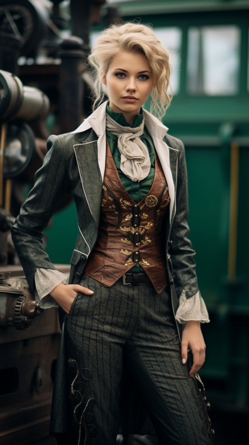 Blonde woman in lace suit, representing aristocracy and steampunk fashion