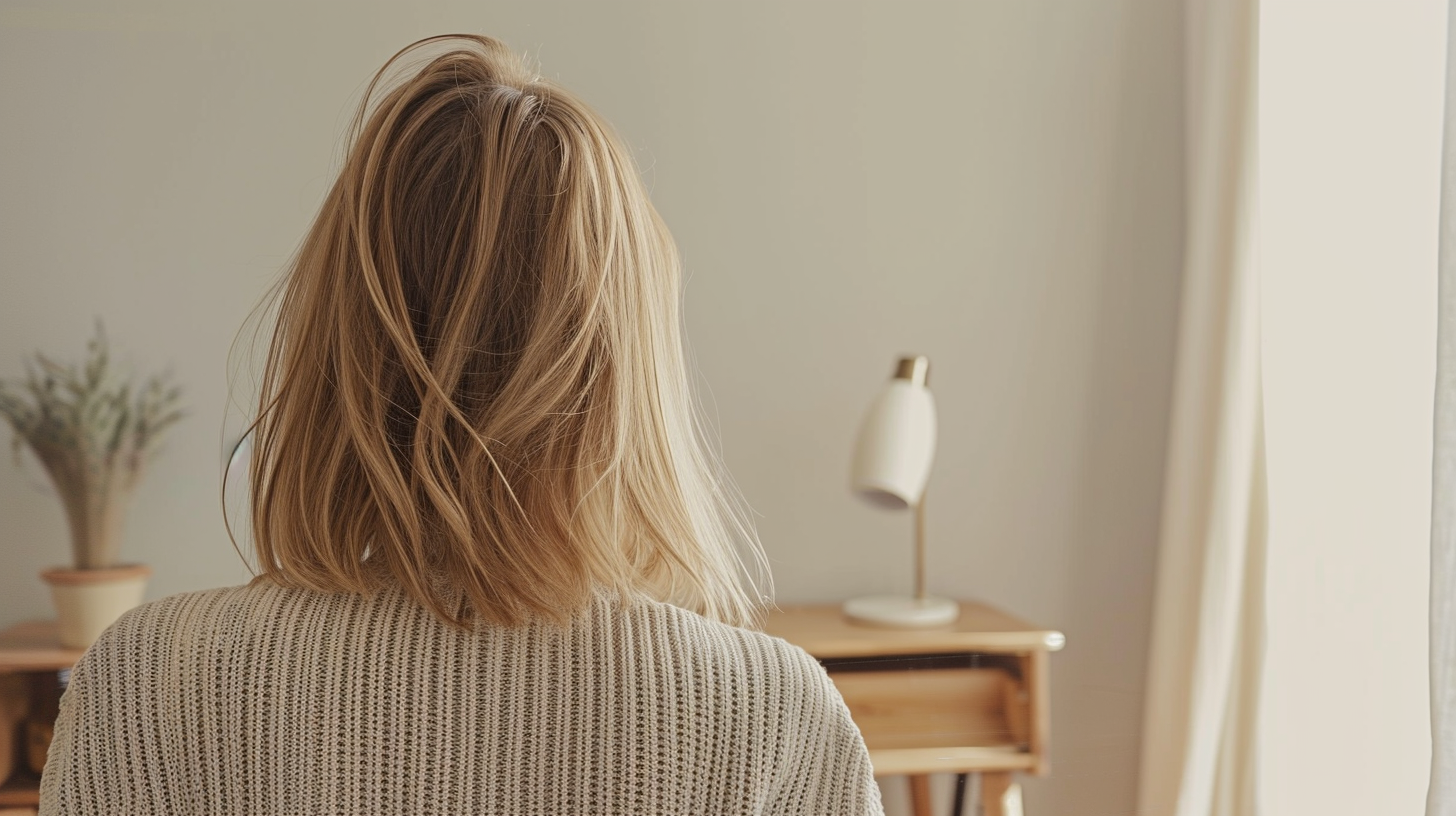 Blonde woman looking at empty white wall