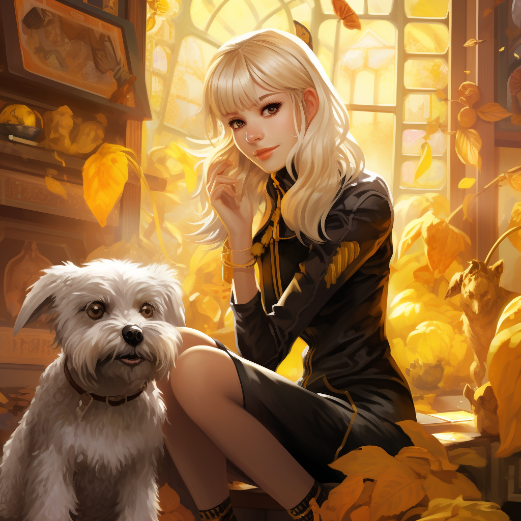 Blonde woman with mini schnauzer in fantasy world