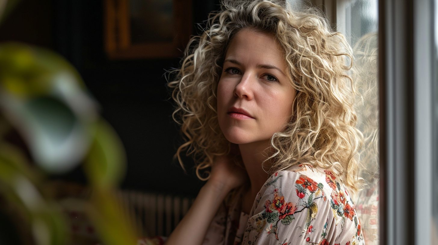 Blonde woman with curly hair next to a window