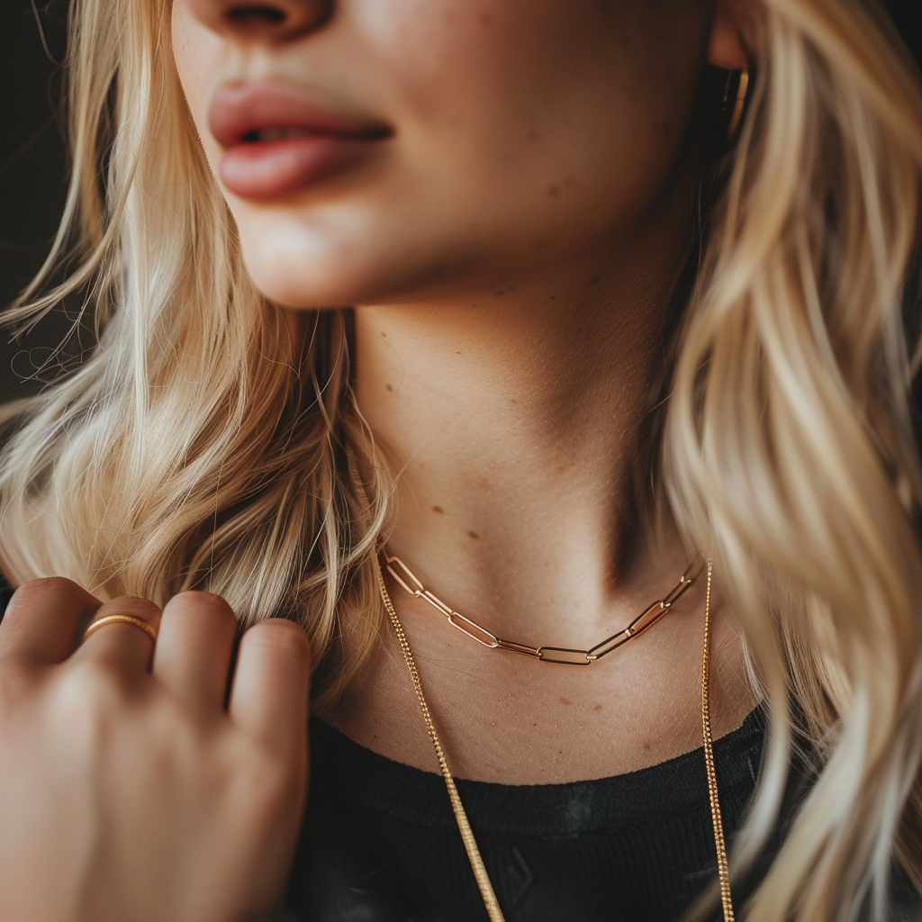 Blonde woman gold paperclip necklace