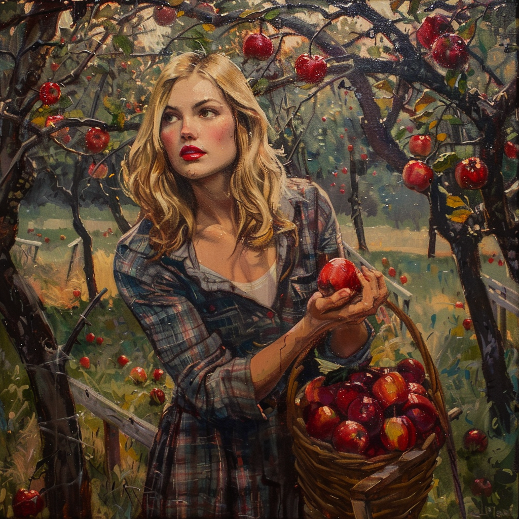 Blonde woman picking apples painting