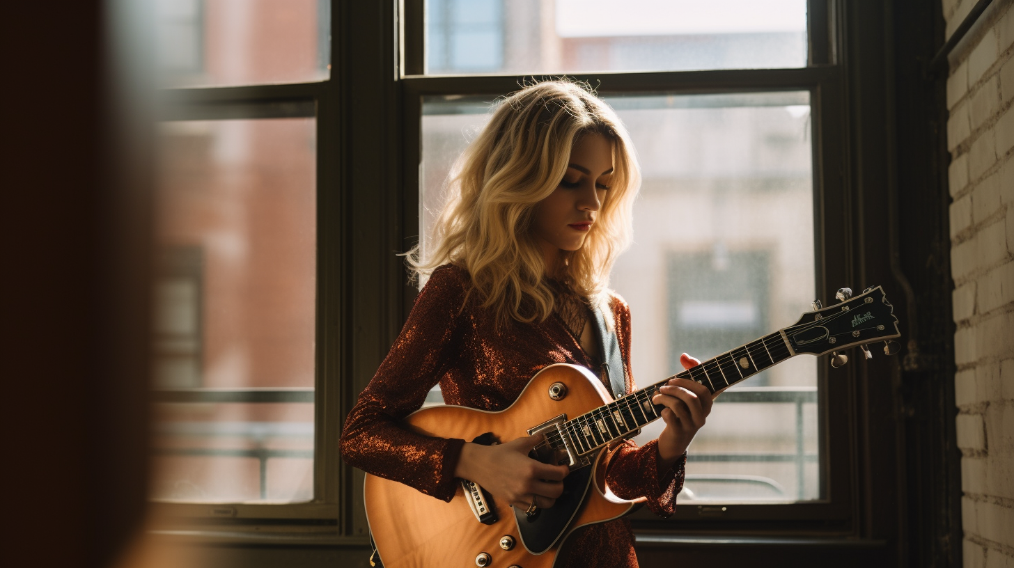 Blonde woman playing Gibson electric guitar