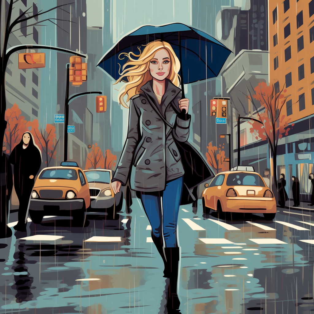 Blonde woman confidently walking in the rain