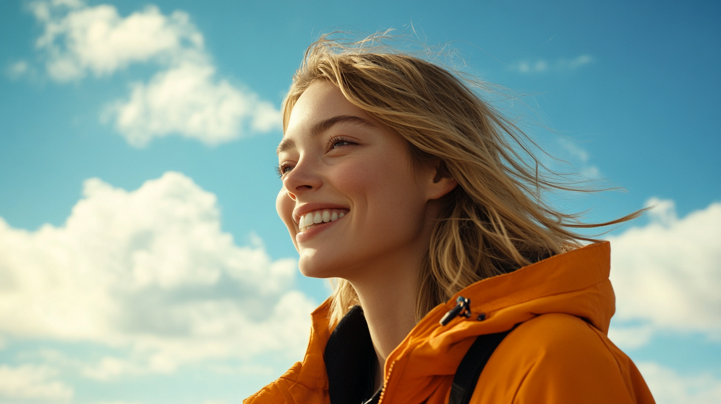 Blonde woman in orange jacket smiling