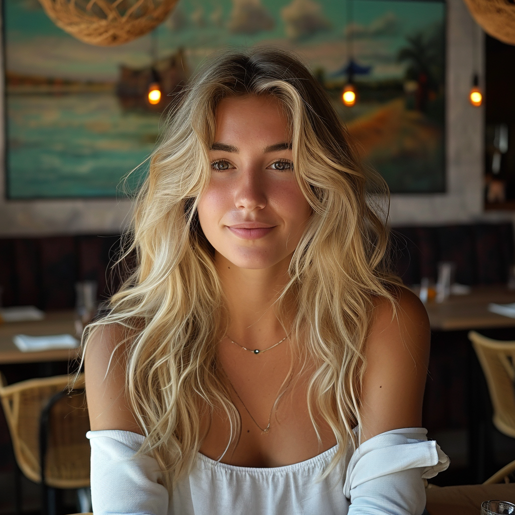 Blonde woman eating in a restaurant