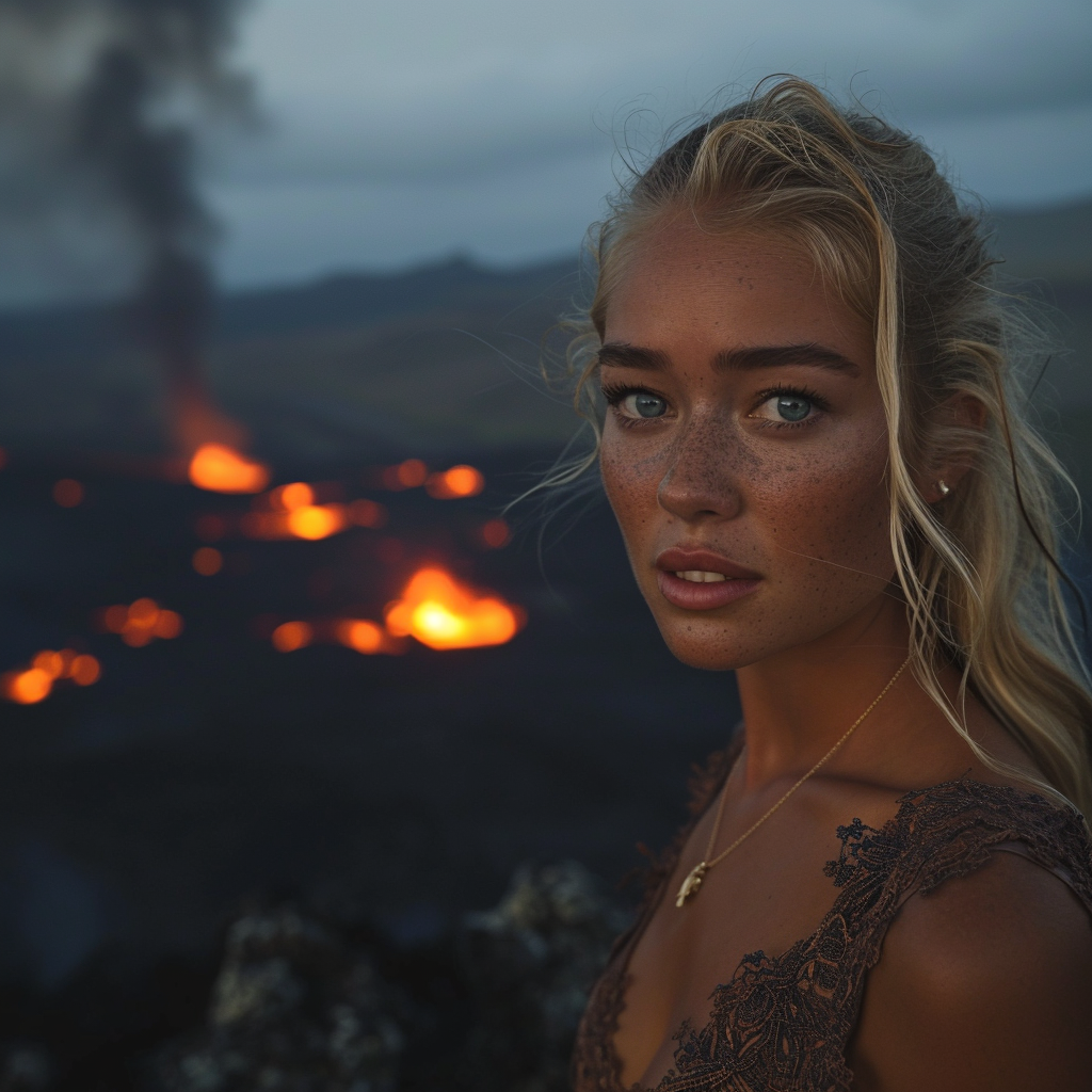 Blonde woman in Spanish outfit at Icelandic volcano