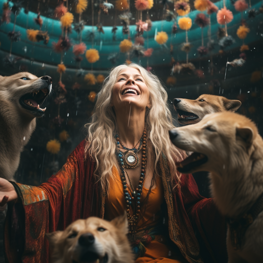 Blonde Woman with Happy Husky Dogs