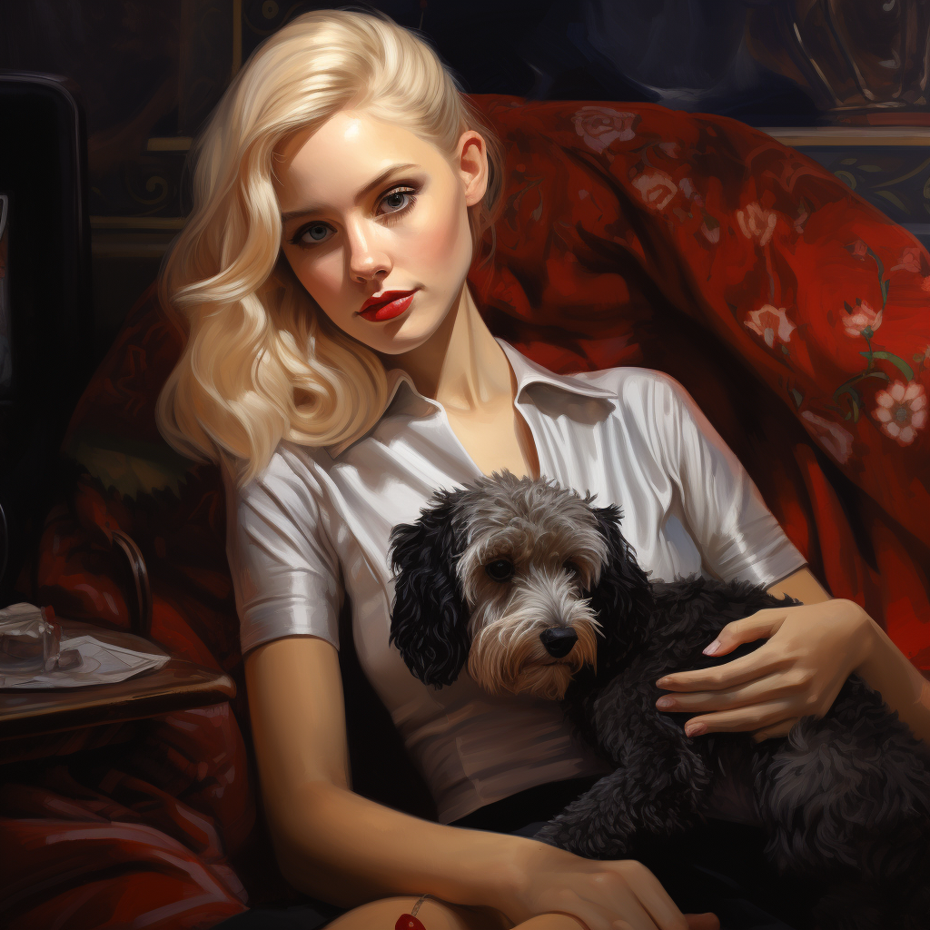 Blonde woman with schnauzer in a fantasy world