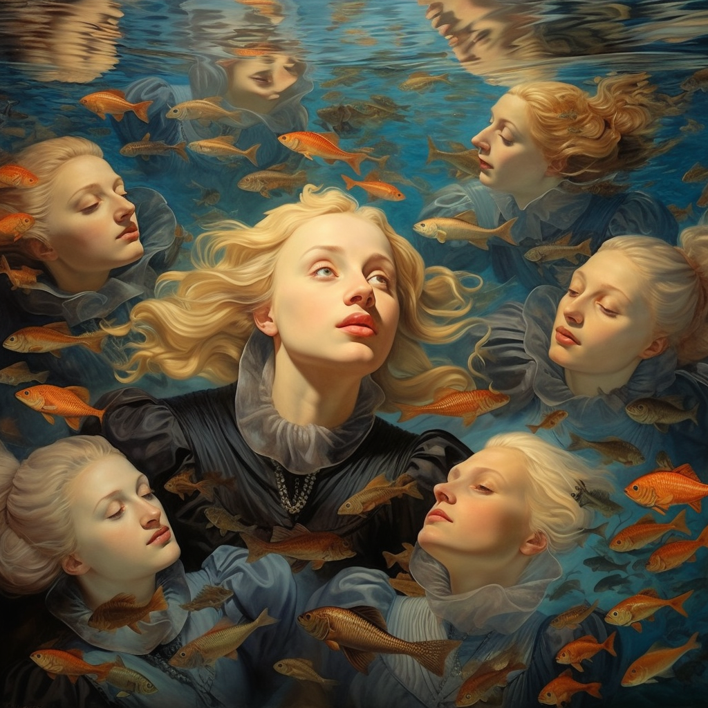 Blonde women swimming in the sky painting