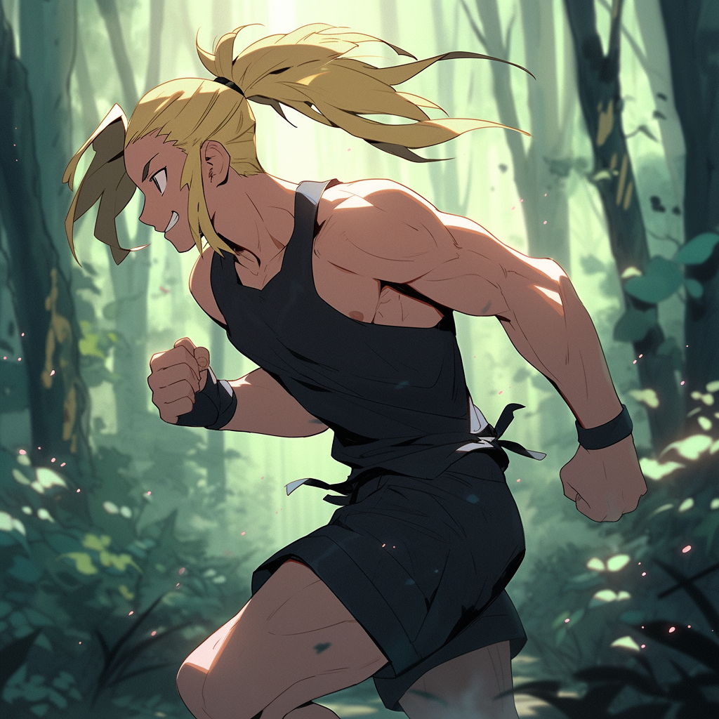 Blonde anime man running in forest smiling