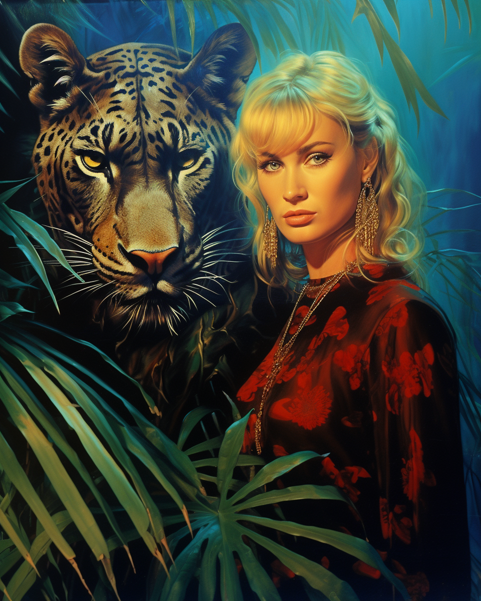 Woman in jungle with jaguar