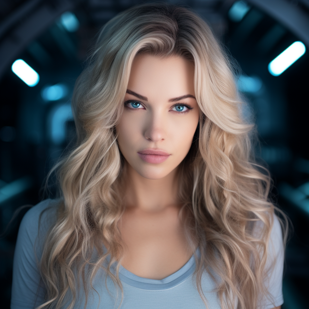 Beautiful blonde woman on space ship