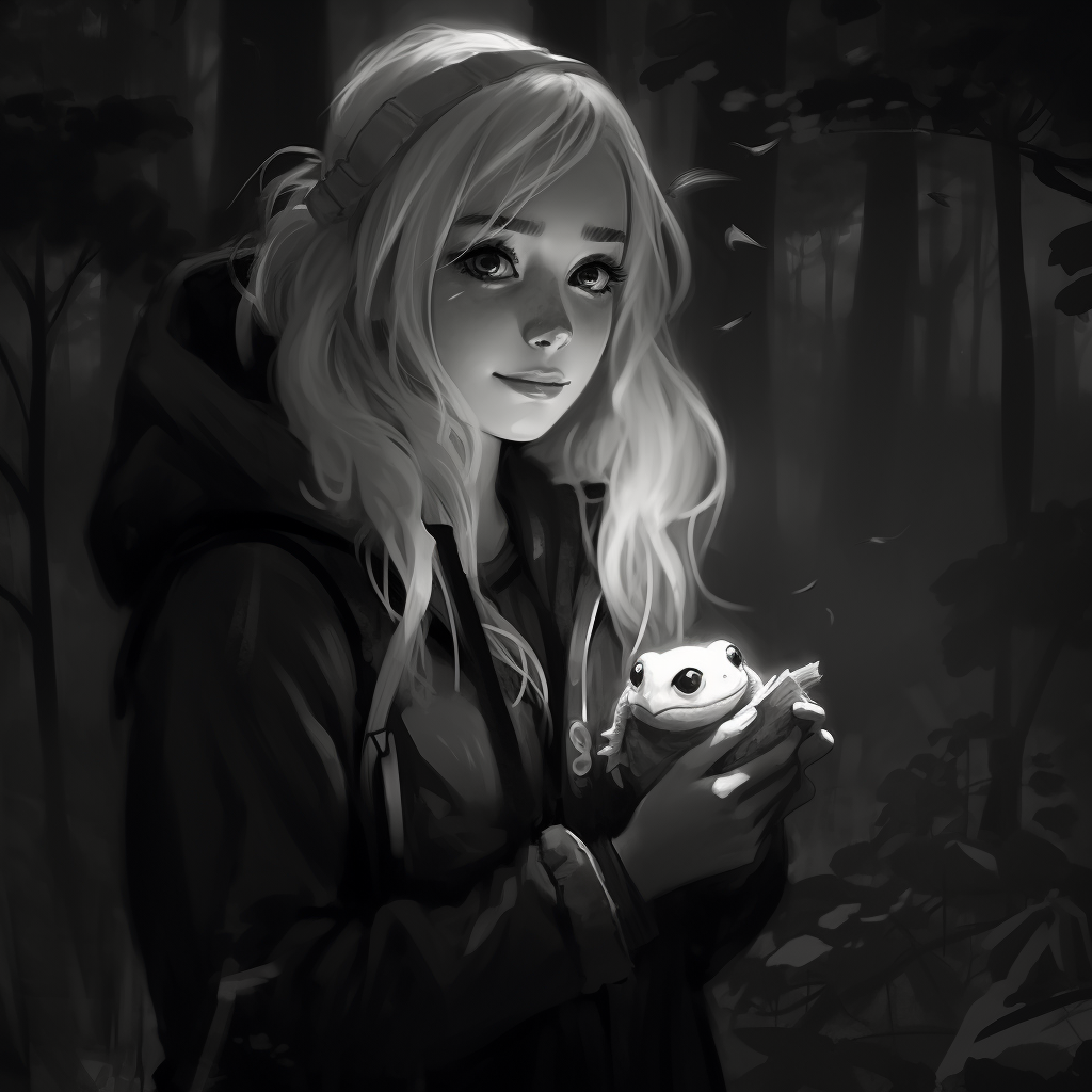 Blonde girl with cute frog in a rainy forest