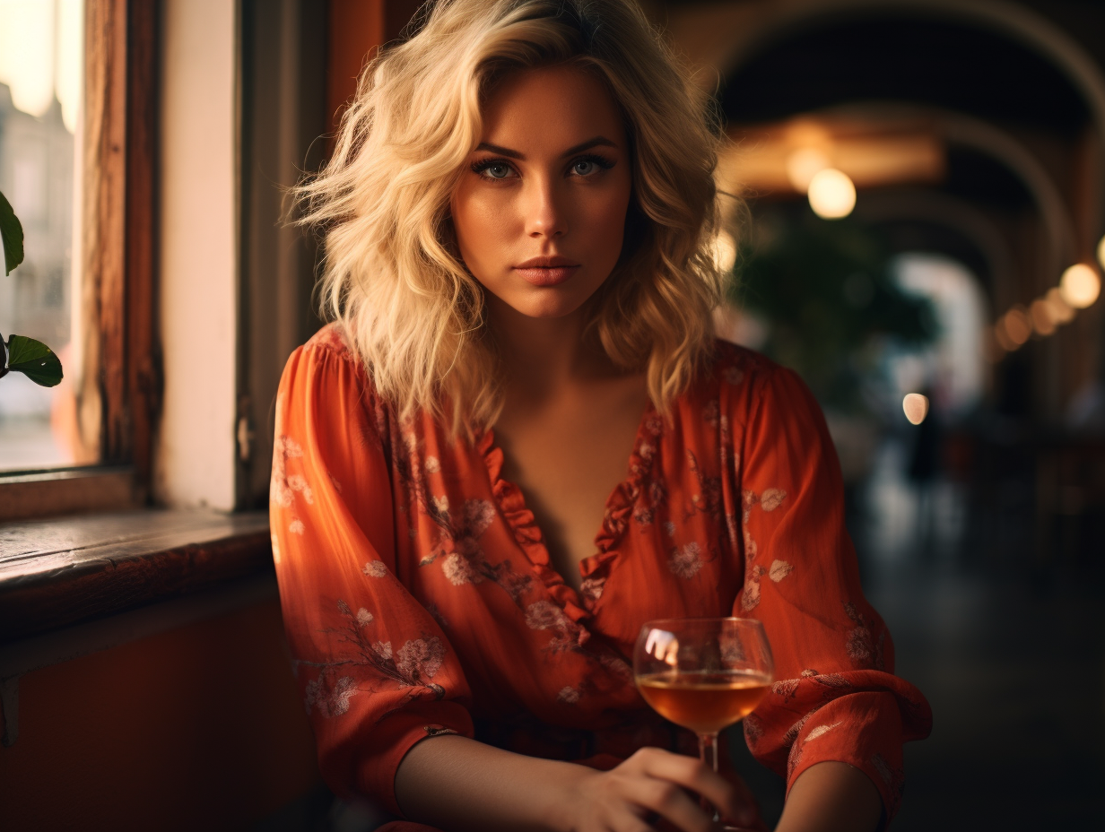 Cute blonde girl craving wine around Aperol Spritz