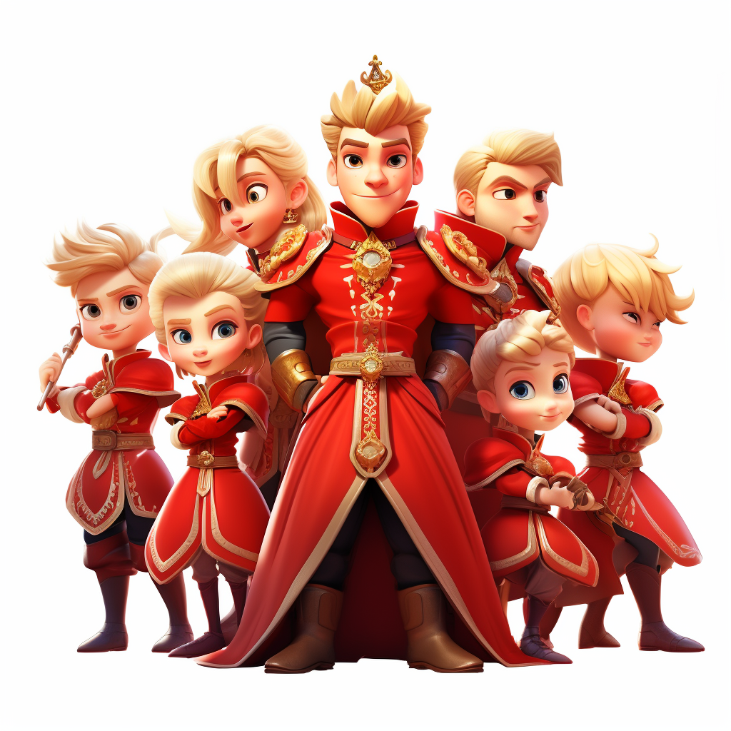 An image of eight blonde princes in red clothing