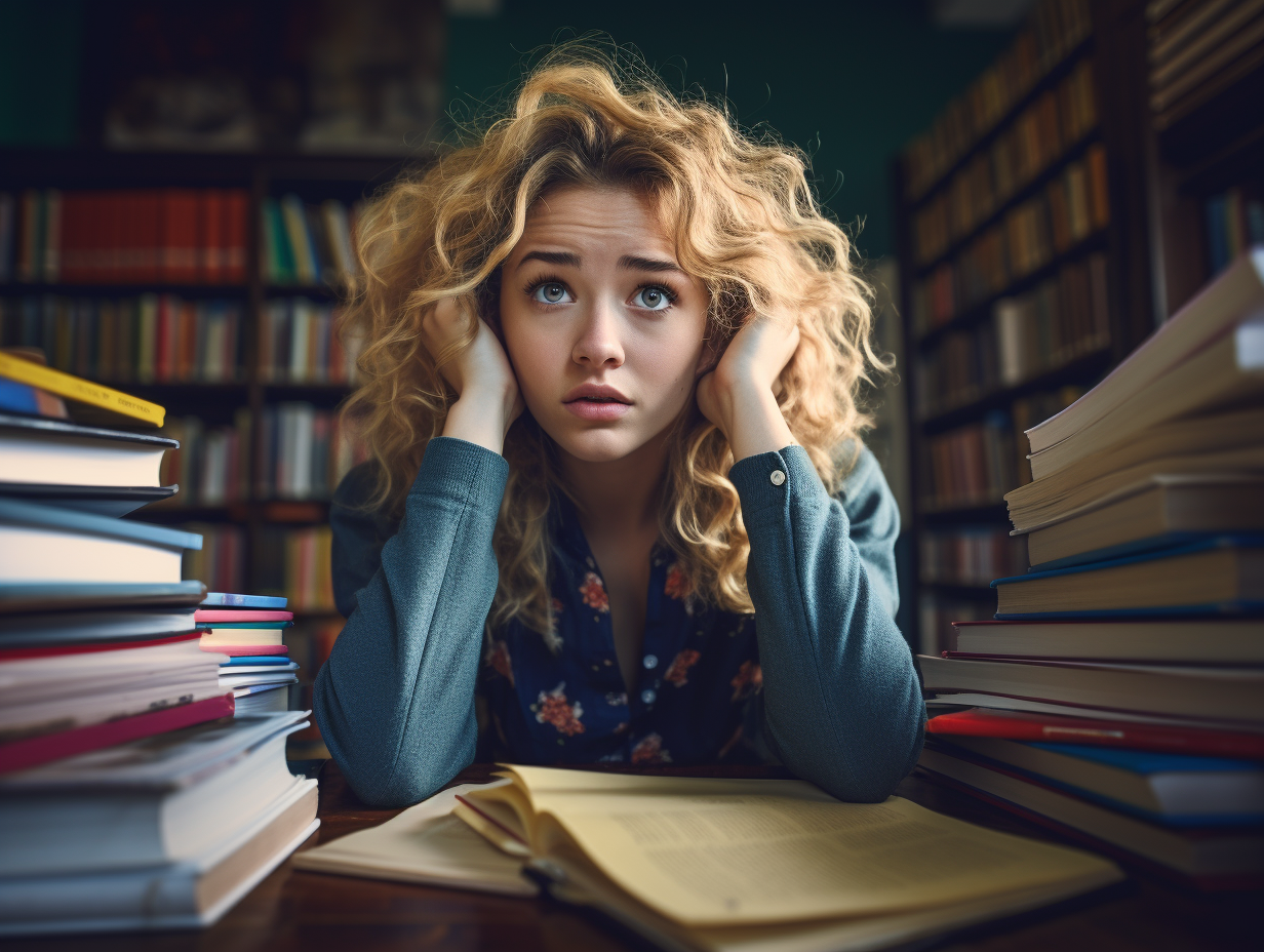 Senior school student studying with books, looking worried