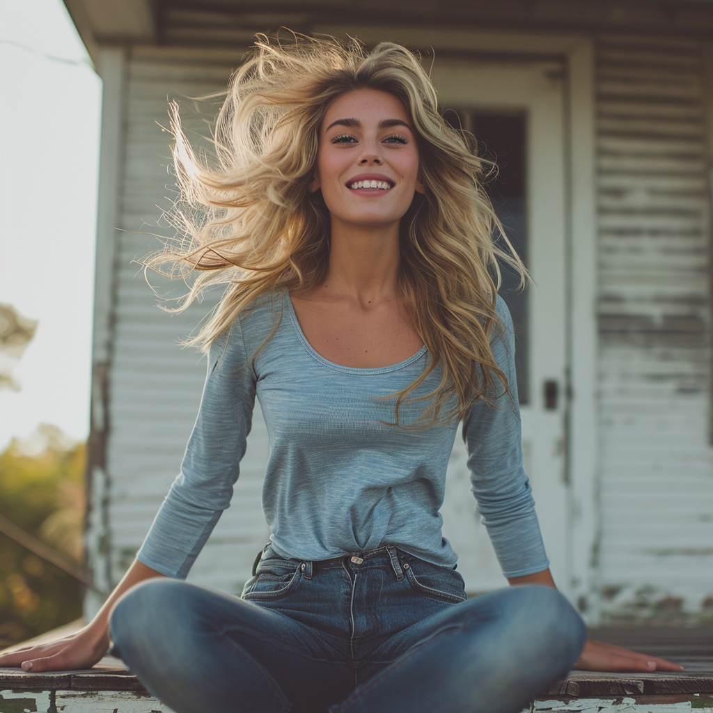 Blonde woman jumping