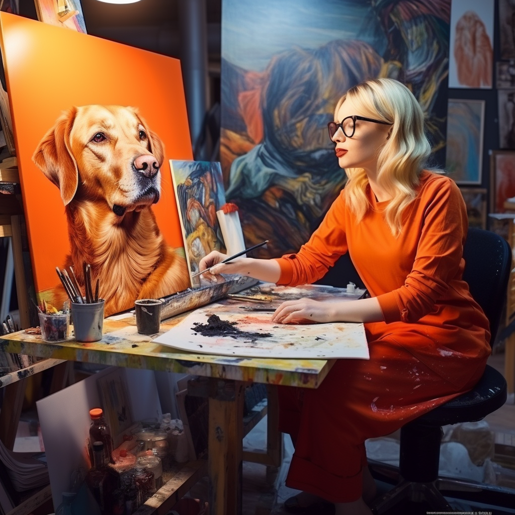 Blonde woman creating art with her loyal orange labrador dog